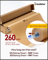 Katbite Unbleached Parchment Paper for Baking, 15 in x 210 ft, 260 Sq.Ft, Heavy Duty Baking Paper with Slide Cutter, Non-stick Brown Parchment Paper Roll for Cooking, Air Fryer, Steaming, Baking Bread katbite