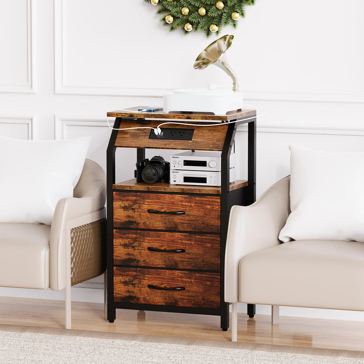 SZLHANJZ End Table with Charging Station, Nightstand with LED Lights and 3 Drawers, Small Dresser with Fabric Storage, Retro Side Table for Bedside, Living Room Dorm, Rustic Brown SZLHANJZ