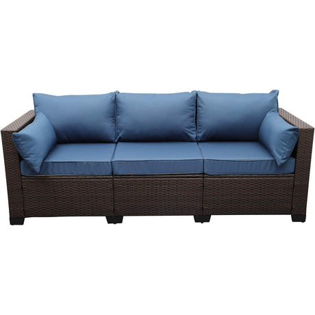 Rattaner 3-Seat Patio Wicker Sofa, Outdoor Rattan Couch Furniture Steel Frame with Furniture Cover and Deep Seat High Back, Blue Anti-Slip Cushion. Rattaner