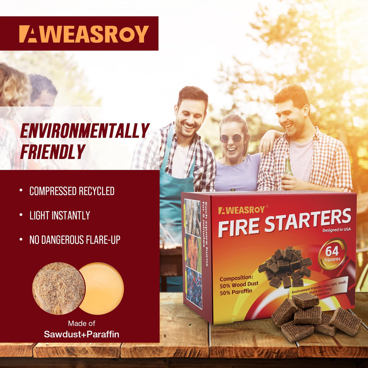 Fire Starter Squares 64 - Fire Starters for Fireplace,Chimney,BBQ Grill,Camping Fire,Wood Stove - Water Resistant and Safe Odourless - Camping Accessories AWEASROY