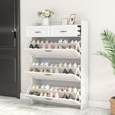 ODUWA Shoe Storage Cabinet with 3 Flip Drawers and 2 Storage Drawers,Easy to Store 18-25 Pairs of Shoes,White Wood Shoe Storage Cabinet for Entryway,Hallway,PVC Door with Shape ODUWA