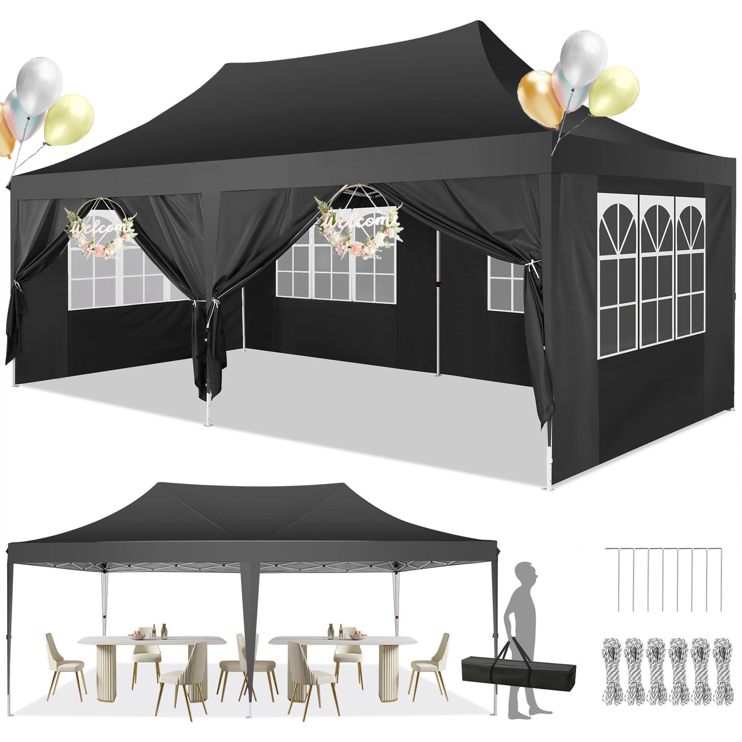 COBIZI Canopy 10x20 Pop Up Canopy 3.0, Commercial Tent with Sidewalls, Party Wedding Tents for Parties Pavilion UV50+&Waterproof Gazebos for Patio Outdoor Party Events, Black(Frame Upgraded)