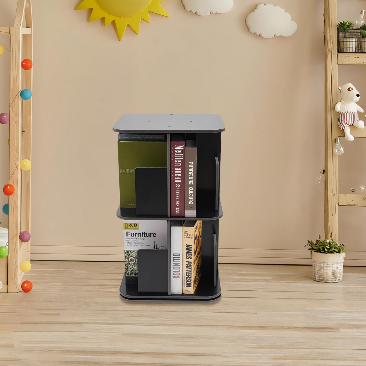 KeruRome 2 Tier Rotating Bookshelf 360 Display Round Floor Standing Revolving Bookcase Storage Rack Book Shelf Organizer for Small Space Bedroom Living Room Black KeruRome