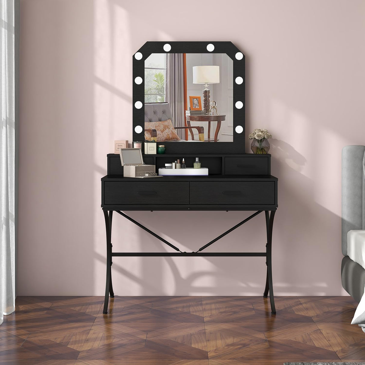 Vanity Table with Lighted Mirror, Modern Makeup Vanity Table with 10 Lights Makeup Desk 4 Drawer Storage Dressing Table for Bedroom (Black) Panana