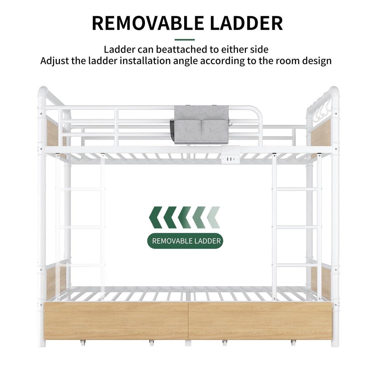 Jocoevol Metal LED Bunk Bed Twin Over Twin with 2 Storage Drawers, USB Charging Station, Industrial Bunkbeds Heavy Duty Bed with Safety Guardrail and Ladder, No Box Spring Needed, White Jocoevol