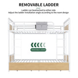 Jocoevol Metal LED Bunk Bed Twin Over Twin with 2 Storage Drawers, USB Charging Station, Industrial Bunkbeds Heavy Duty Bed with Safety Guardrail and Ladder, No Box Spring Needed, White Jocoevol