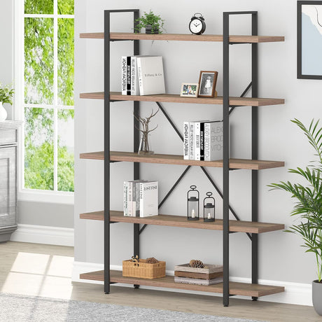Industrial Rustic Oak 5-Tier Bookshelf Etagere for Home and Office Storage HSH