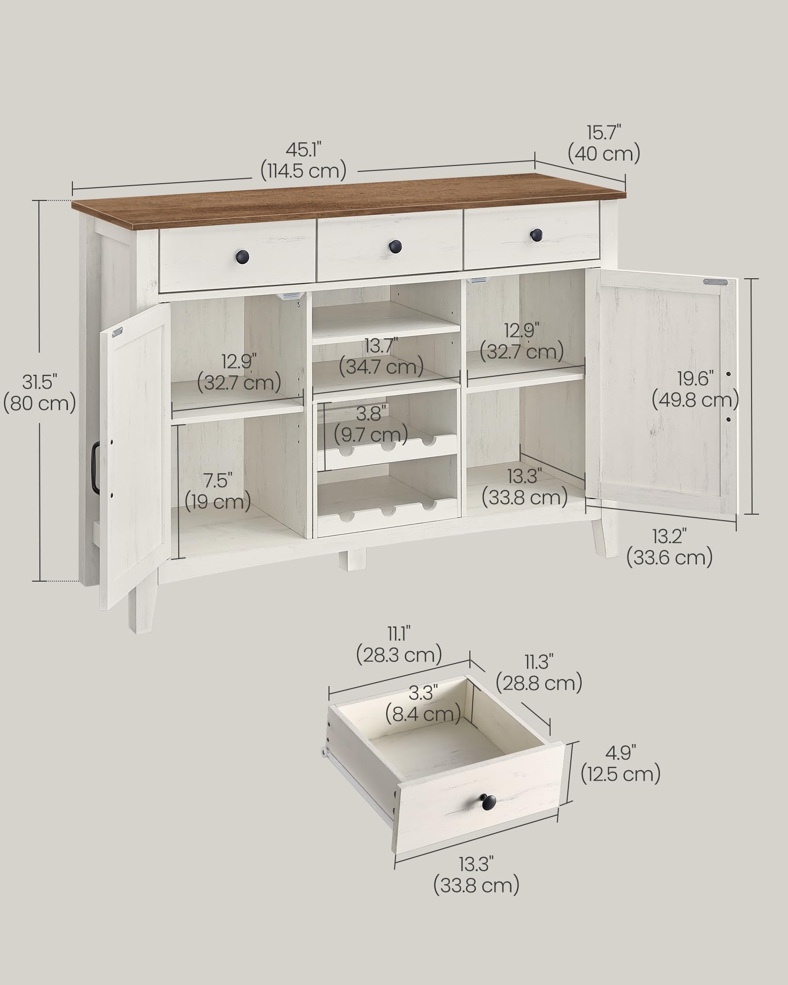 VASAGLE Farmhouse Buffet Cabinet with Detachable Wine Rack, Sideboard Cabinet with Drawers and Doors, Adjustable Shelves, for Living Room, Kitchen, Rustic White and Honey Brown UBBK371W01 - WoodArtSupply