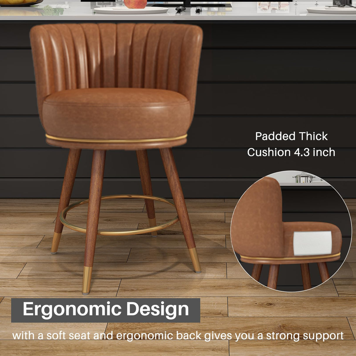 SeekFancy 24" Swivel Bar Stools Set of 2, Counter Height Bar Stools with Back, Leather Swivel Counter Stool with Wood Legs, Upholstered Pub Stools Brown Bar Chairs for Kitchen Island, 300lbs SeekFancy
