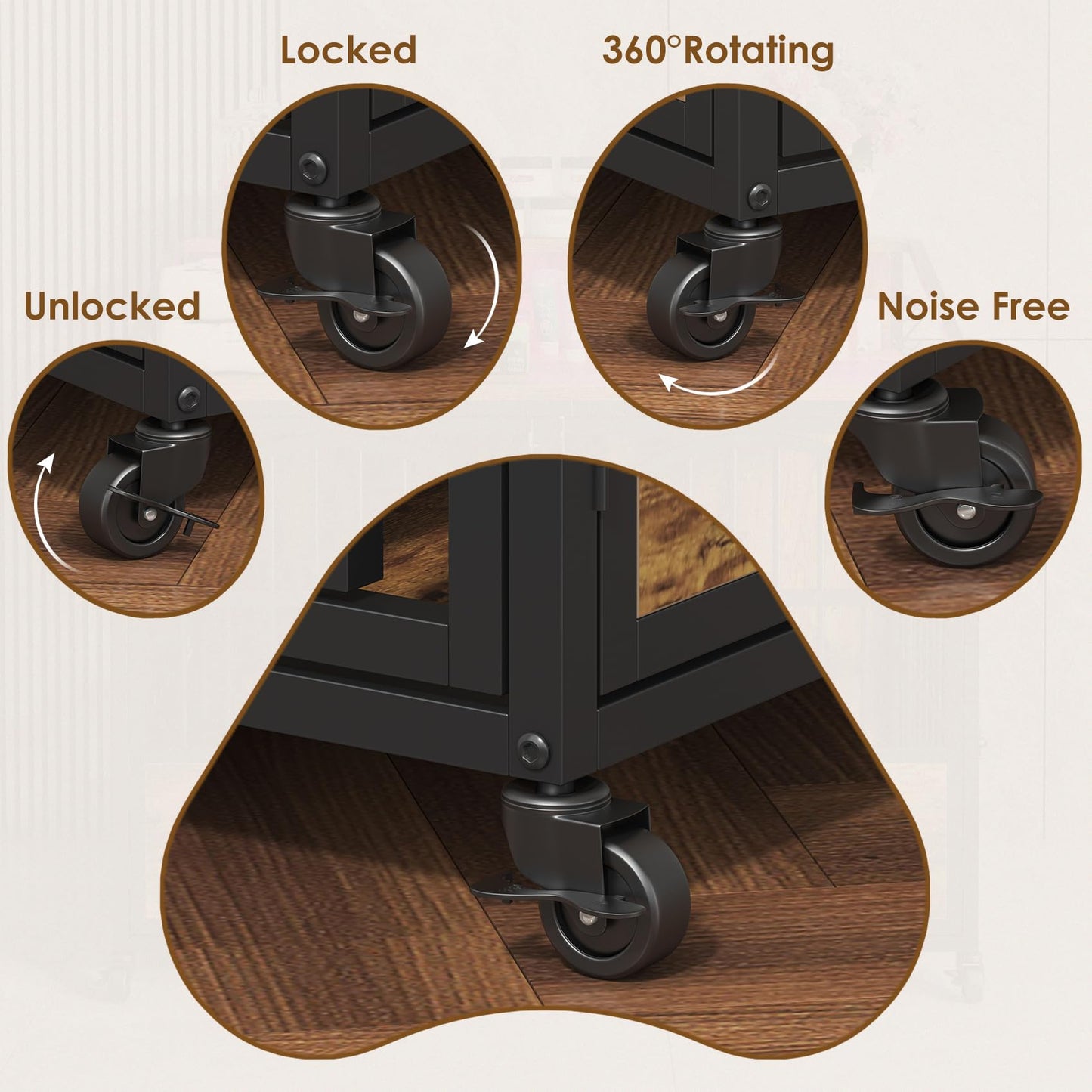 44 Inch Heavy Duty Dog Crate Furniture with 3 Doors, Dog Kennel with 360° Stainless Steel Bowls, Lockable Wheels, Wood Dog Cage End Table with Led Light, Pet Crate Dog Cage for Large/Medium/Small Dogs