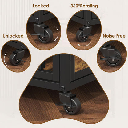 44 Inch Heavy Duty Dog Crate Furniture with 3 Doors, Dog Kennel with 360° Stainless Steel Bowls, Lockable Wheels, Wood Dog Cage End Table with Led Light, Pet Crate Dog Cage for Large/Medium/Small Dogs