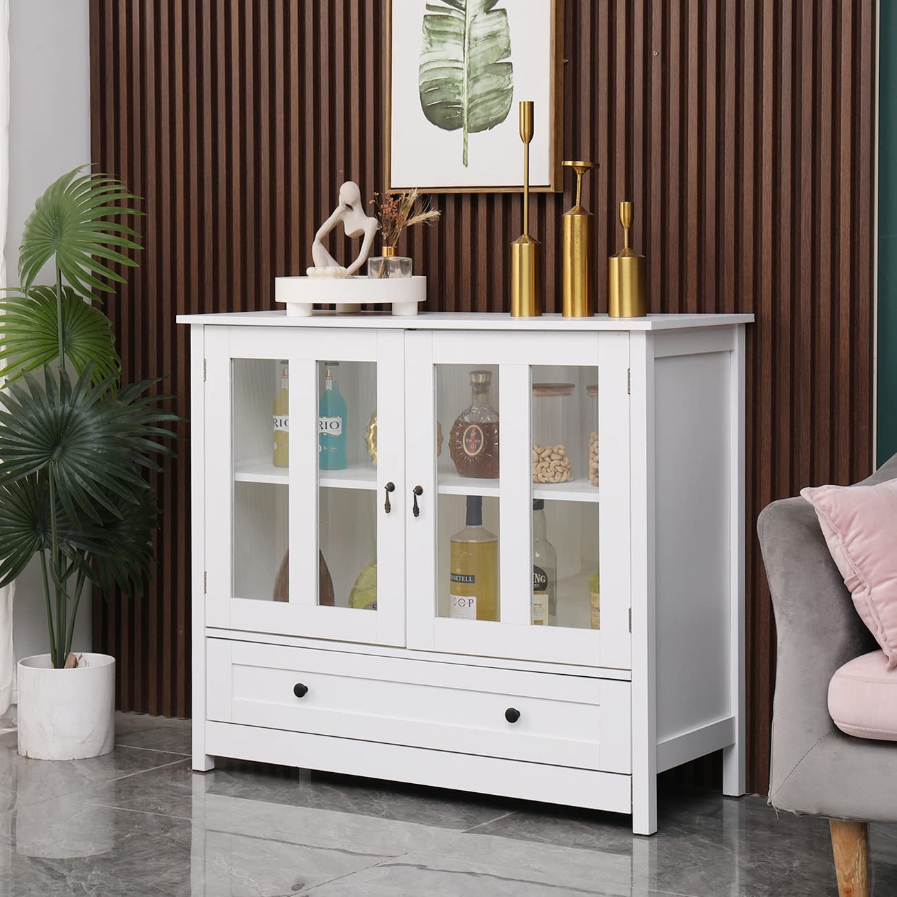 Large Buffet Cabinet for Living Room Kitchen, White Storage Sideboard with Glass Doors and Drawer, Credenza Console Table for Dining Room Entryway, Wooden Serve Cupboard Pantry Cabinet with S - WoodArtSupply