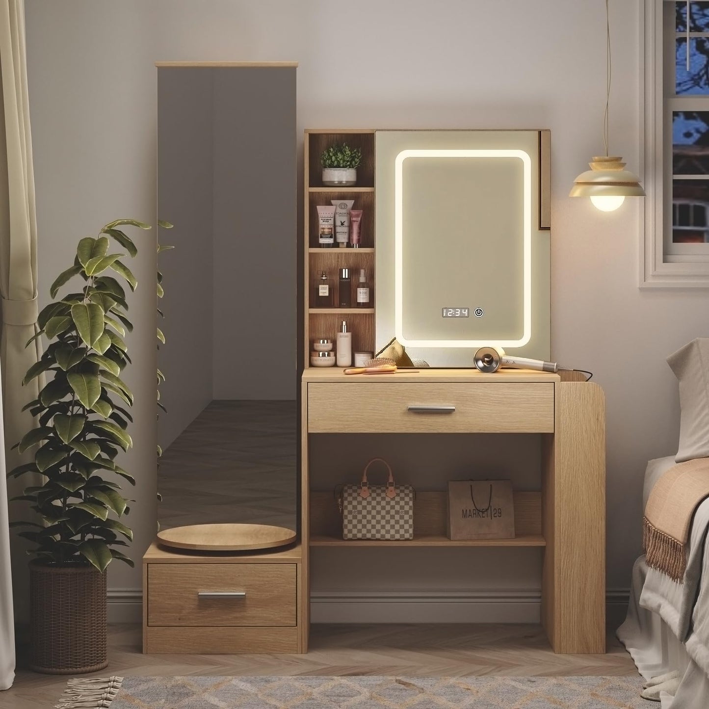 Fameill Natural Vanity Desk with Full Length Mirror and Lighted Mirror Makeup Vanity Dressing Table with 3 Color Lighting Modes,Power Outlet,Drawers,Hooks Hidden,Shelves,Bedroom Desk,Natural