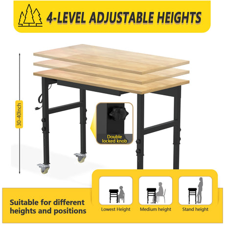 48" Adjustable Height Heavy Duty Workbench Rubber Wood Top Rolling Work Bench with Power Outlet Drawers and Wheels 2200 Lbs Capacity Hardwood Worktable for Garage, Workshop, Office, Home OAKANDO