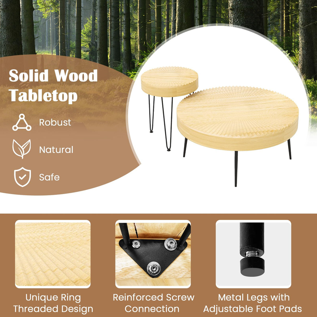 COSTWAY Farmhouse Round Coffee Table Set of 2, Rustic Sofa Side Tea Tables w/Wood Finish, Metal Frame, Adjustable Foot Pads, Nesting End Table Set for Living Room (Radial Pattern, Light Natural) COSTWAY