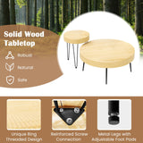 COSTWAY Farmhouse Round Coffee Table Set of 2, Rustic Sofa Side Tea Tables w/Wood Finish, Metal Frame, Adjustable Foot Pads, Nesting End Table Set for Living Room (Radial Pattern, Light Natural) COSTWAY