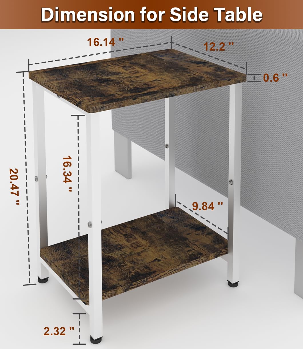 Tigerden 2 Tier Side Table, Heavy Duty End Table with Shelves, Narrow nightstand Table for Small Spaces, Record Player Table for Bedroom, Living Room, Sofa Couch - Rustic Brown & White Tigerden