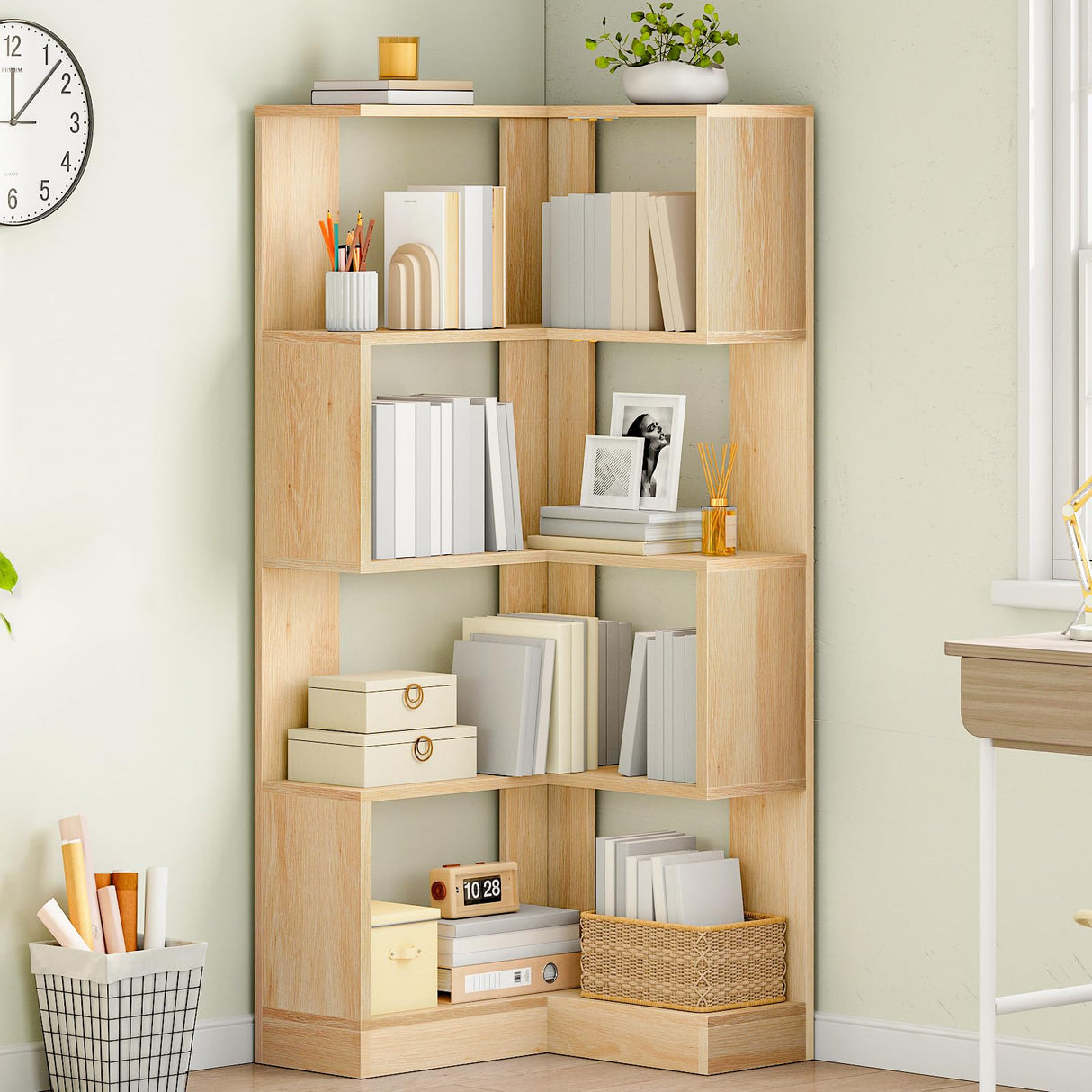 HOOBRO 5-Tier Corner Bookshelf, L-Shaped Corner Bookshelf, 55.3'' Tall Wooden Bookcase with Baffle, Freestanding Display Rack, for Living Room, Home Office, Natural NL50SJ01 HOOBRO