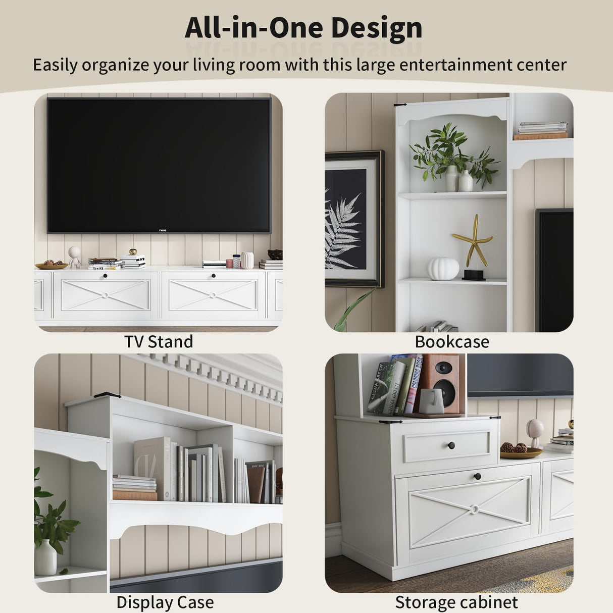 Loomie 104" W Wall Unit TV Stand with Storage for TVs up to 80", Large Farmhouse Wall Unit Entertainment Center with Bridge & Bookshelves, Tall TV Console Table Media Center for Living Room (White) Loomie