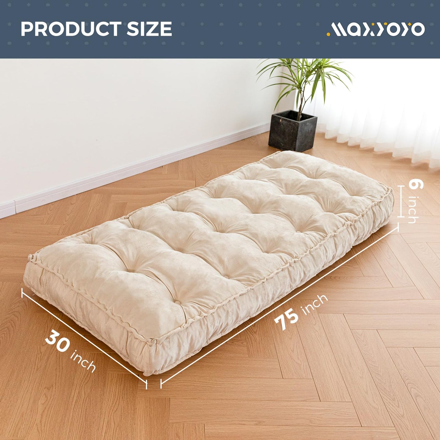 MAXYOYO 6“ Daybed Futon Mattress Window Seat Cushion, Beige, Velvet Thick Floor Futon Mattress, Long Cushion Sleeping Pad for Couch, Portable Roll Up Camping Mattress