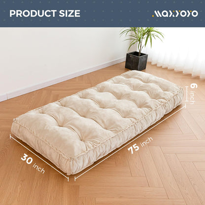 MAXYOYO 6“ Daybed Futon Mattress Window Seat Cushion, Beige, Velvet Thick Floor Futon Mattress, Long Cushion Sleeping Pad for Couch, Portable Roll Up Camping Mattress