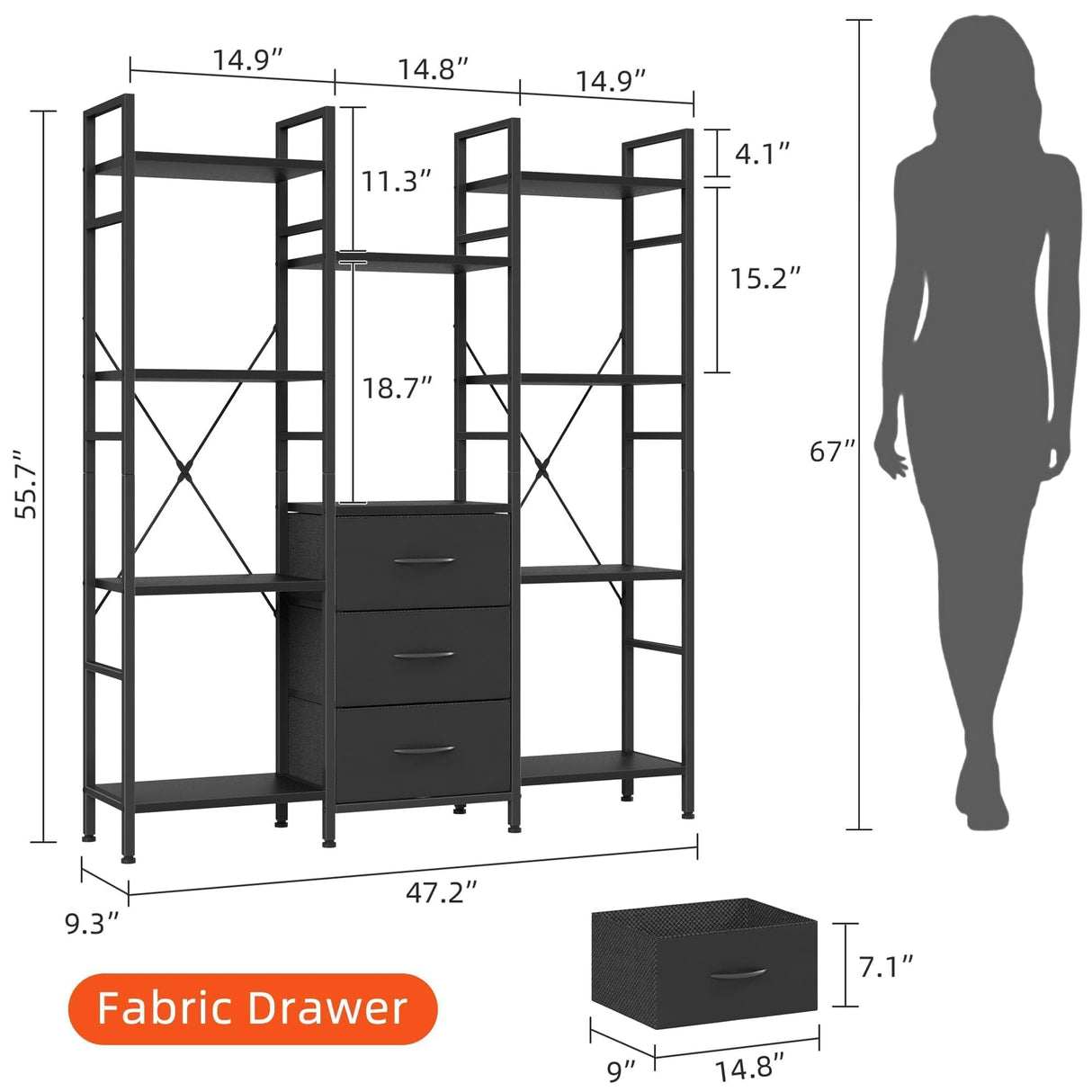 AFLUI Triple Bookshelf with 3 Fabric Drawers, 4-Tier Book Shelf and 10 Display Shelves, Industrial Large Bookcase for Home & Office, Black, 47'' Wide AFLUI