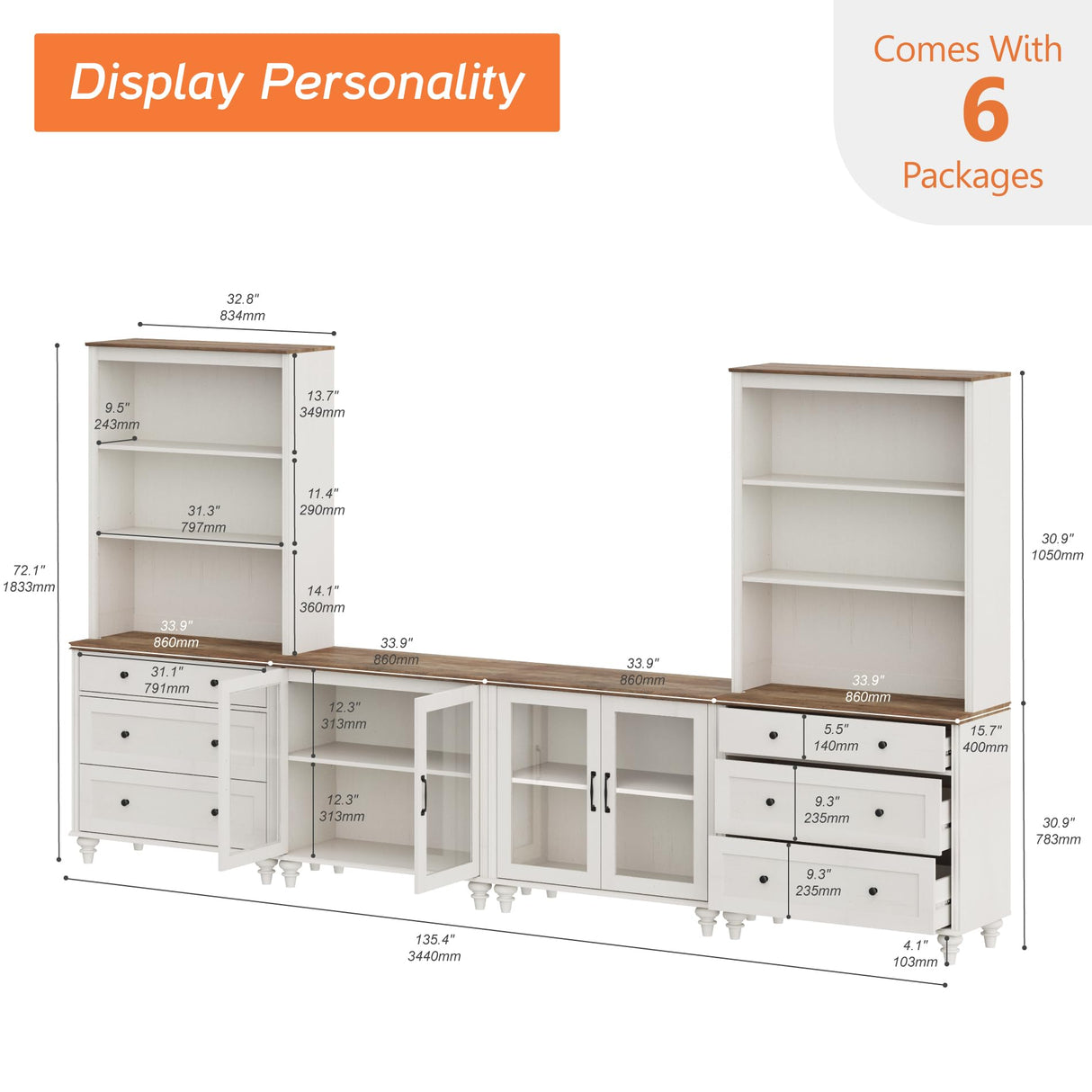 WAMPAT Entertainment Center with Bookshelves with Glass Doors & Drawer, Farmhouse Wall Unit TV Stand for TVs up to 75", Media Console Table for Living Room, Bedroom & Home Theater, White WAMPAT