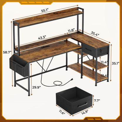 SEDETA 55 inch L Shaped Gaming Desk, Home Office Desk with Fabric Drawer & Storage, Gaming Desk with with Power Strip & LED Lights, Hutch, Monitor Stand, Headphone Hook, Rustic Brown - WoodArtSupply