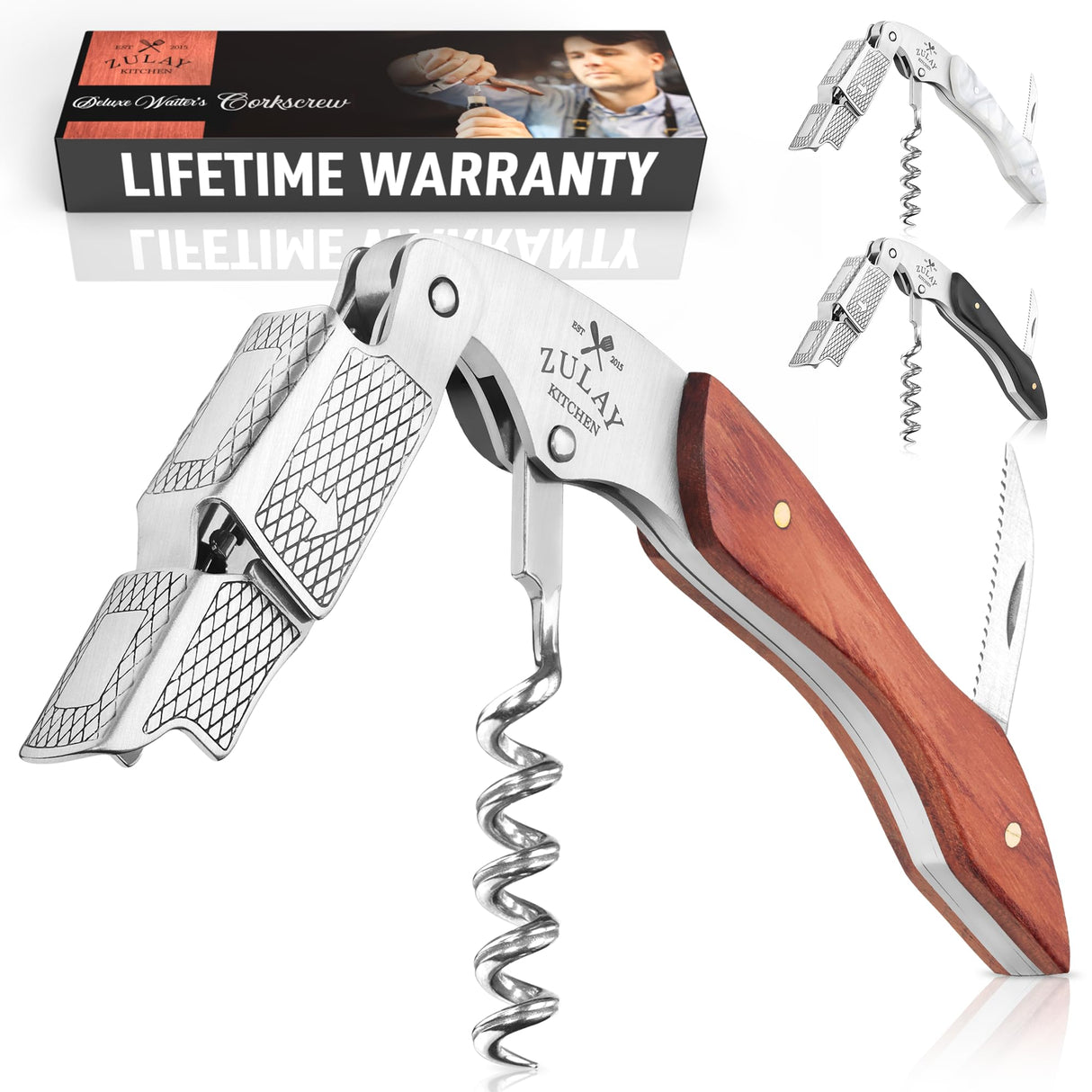 Zulay Kitchen Corkscrew Wine Opener - Premium 420 Stainless Steel & Rosewood Wine Bottle Opener - Double Hinged Opener with Foil Cutter & Cap Remover - Rosewood Zulay Kitchen