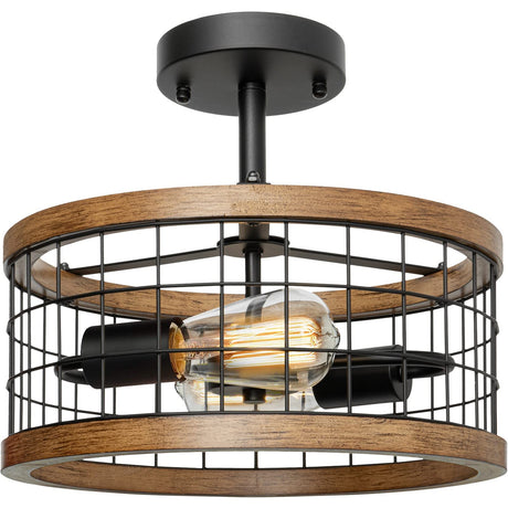 2-Light Farmhouse Semi Flush Mount Ceiling Light Fixture, Rustic Drum Wood Ceiling Lamp for Hallway Kitchen Entryway Foyer Bedroom Laundry Room, Nature Wood Texture and Black Metal Fence Finish WOAEKR