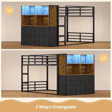 BTHFST Twin Over Twin Bunk Bed, Twin Bunk Beds with Storage & LED Lights, Metal Space Saving Low Bunk Bed with Safety Ladder and Guardrail BTHFST