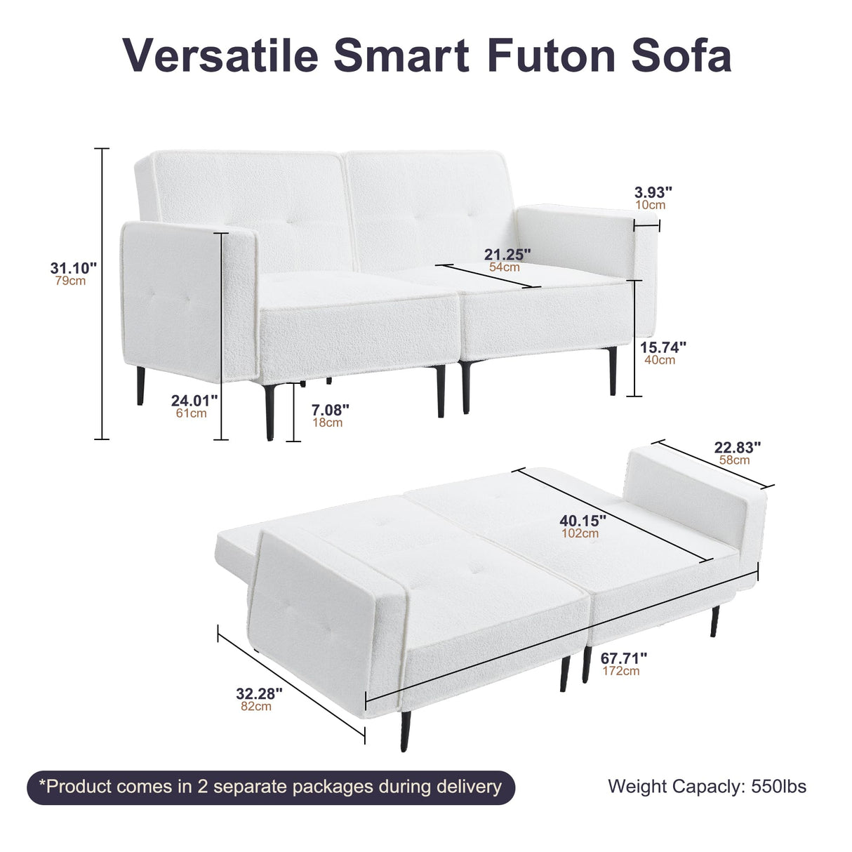 Furnify Small Loveseat for Living Room, 67" Sleeper Sofa Couch, Modern Futon with Adjustable Backrest, Comfy Two Seater Sofa for Bedroom Apartment Office, Teddy Fleece Fabric - White Furnify