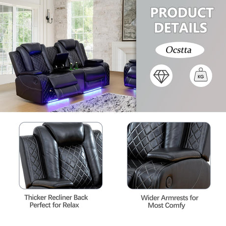 Ocstta Power Leather Recliner Sofa Set with LED Lights,Living Room Furniture Set, Breathing Leather Sofa Couch with USB Port/Storage Console/Cup Holders (3 Pieces Reclining Sofa Set, Black) Ocstta