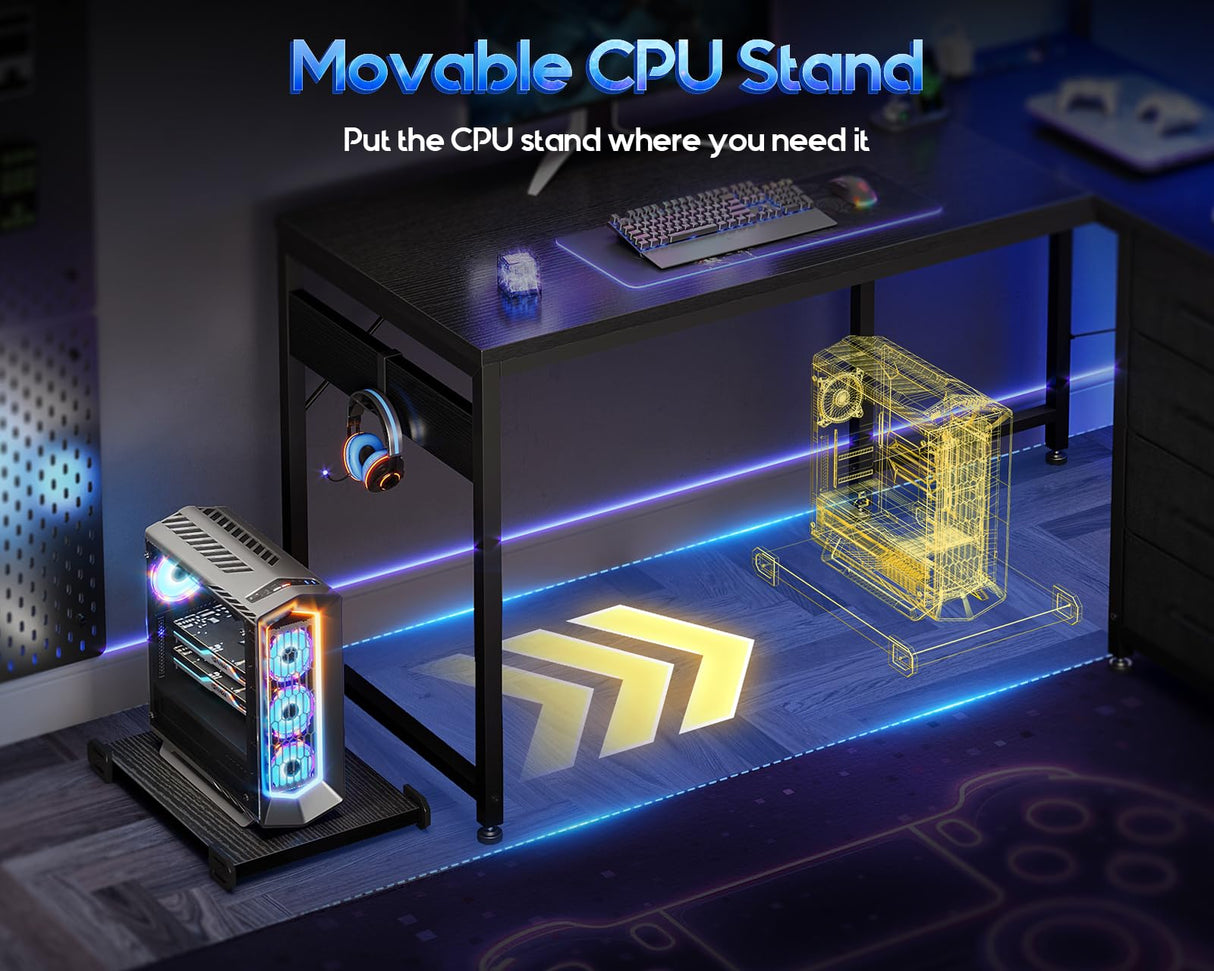 MOTPK L Shaped Gaming Desk with Shelf & 4 Drawers, 43" Reversible Computer Desk with LED Light, Home Office Table with Hutch and Hook, Black MOTPK