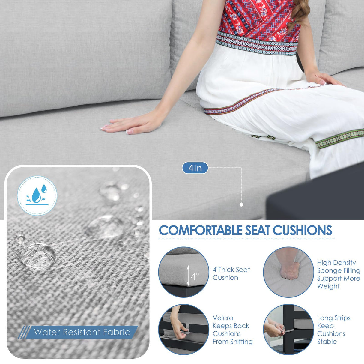 NICESOUL® 6 Piece Extra Large Grey Aluminum Frame Outdoor Patio Furniture Set with Fire Pit Table, 29'' Deep Wide Seating Sofa Conversation, L Shape Modular Sectional Couches for Backyard, Light Grey NICESOUL