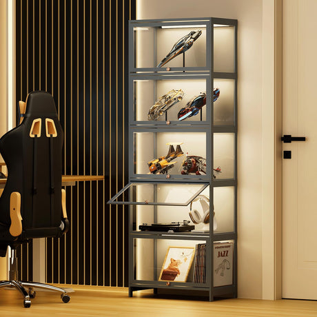 BRIGHTORIA 5-Tier Clear Display Cabinet with Flip Acrylic Doors, Collectibles Toy Books Showcase Organizers Storage Rack, 68" Tall Bamboo Standing Display Case for Playroom Bedroom, Grey BRIGHTORIA