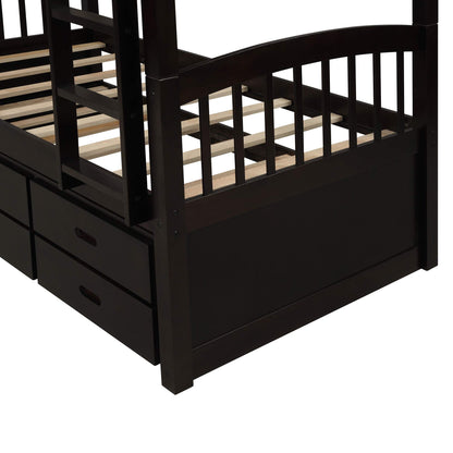 Harper & Bright Designs Twin Over Twin Bunk Bed with Ladder and Storage Drawers, Wood Bunk Bed with Safety Rail and Trundle for Kids Teens Adults, No Box Spring Required (Espresso)