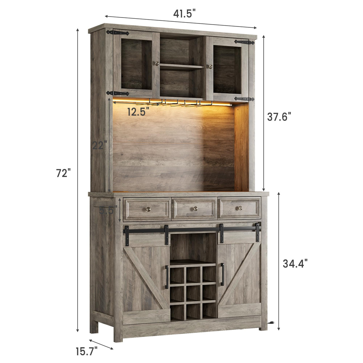 IDEALHOUSE 72" Modern Farmhouse Coffee Bar Cabinet with LED Lights & Power Outlets, Sliding Barn Doors, Rustic Gray Kitchen Buffet with Wine Storage, Ample Storage for Home Bar, Microwave IDEALHOUSE