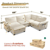 KKL J-Shaped Modular Sectional Sofa, 5 Seater Cloud Couch with Ottoman, Chenille Sectional Couches for Living Room, Apartment, Beige KKL