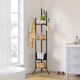 Hoctieon Coat Rack Freestanding, Round Coat Rack with 3 Wooden Shelves and 1 Fabric Basket, Metal Clothes Tree with 5 Hooks, Coat Hanger Stand for Clothes, Hats, Bags, Brown and Black Hoctieon