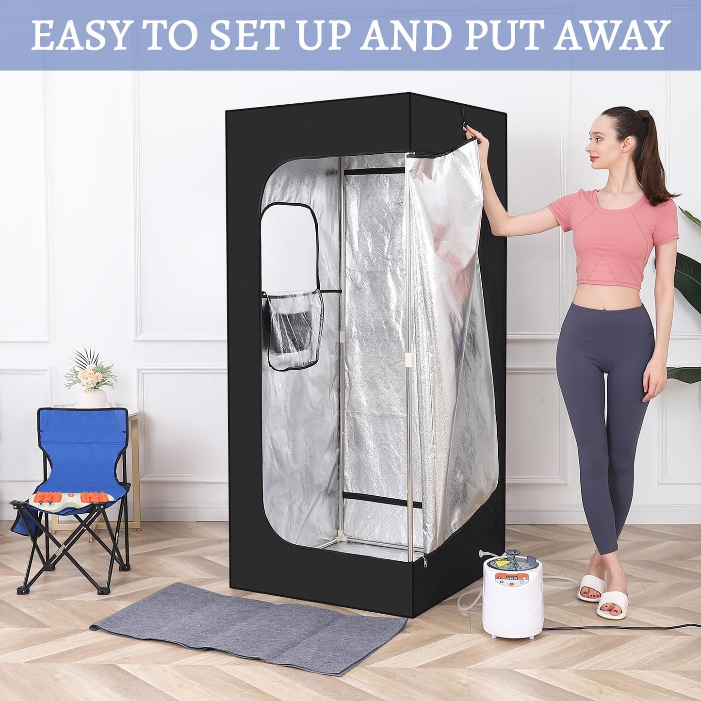 Full Body Personal Home Sauna Box, Portable Steam Saunas Tent, 1100W & 3L Sauna Steamer, Remote Control, Foldable Chair(Black)