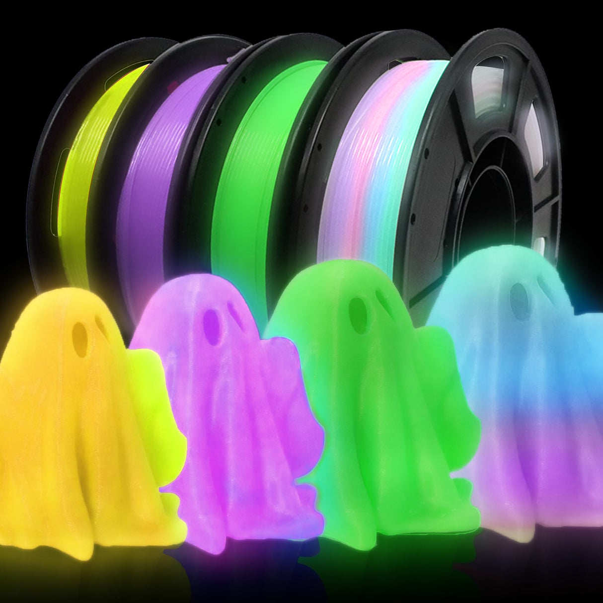 RepRapper 4 x 250g Glow Colors Pack, Glow in The Dark PLA Filament 1.75mm (+- 0.03mm) for 3D Printer, 4x250g Spools - Yellow, Purple, Green, White to Rainbow RepRapper