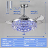 Zynfandor 48" Bluetooth Ceiling Fan with Light and Speaker,RGB Retractable Blades Crystal Fandelier Music Player LED Chandelier 6-Speed APP Control Timer Remote Control for Bedroom Silver Zynfandor