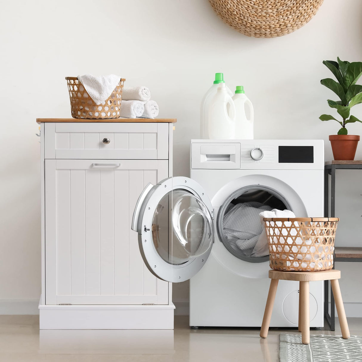 Spurgehom 13 Gallons Tilt Out Trash Cabinet Kitchen Waste Bins Free Standing Laundry Hamper Recycling Cabinet Trash Can Holder with Hideaway Drawer Pet Proof Trash Can for Living Room, White Spurgehom