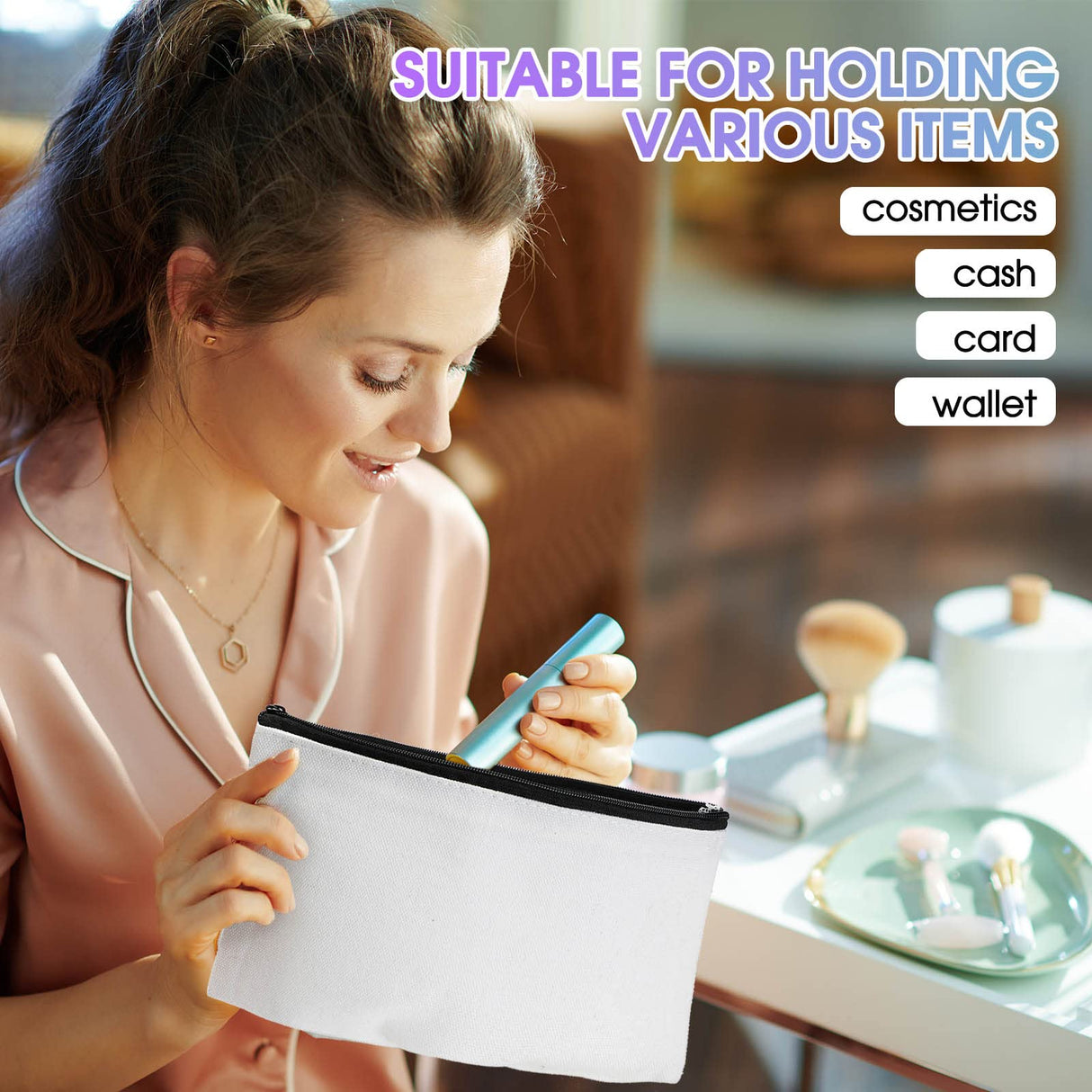 Wesiti 28 Piece Blank Canvas Tote Bag and Makeup Bag Bulk Plain Cotton Tote Bag with Handle Cosmetic Pouch with Zipper Reusable Grocery Bag for DIY Sublimation Embroidery Craft Wedding Christmas Gift Wesiti