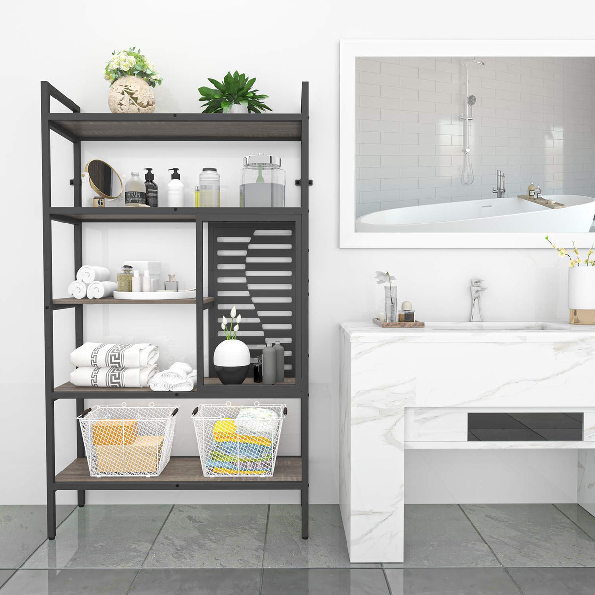 Weehom 5-Tier Adjustable Industrial Bookshelf, Modern Wood Bookcase with Stable Metal Frame, Open Storage Shelves Standing Shelving Unit for Living Room Bedroom Kitchen Office Weehom