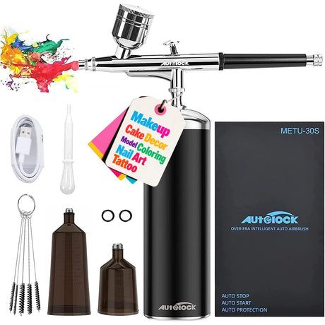 Autolock Upgraded Airbrush Kit with Air Compressor, Portable Cordless Auto Airbrush Gun Kit, Rechargeable Handheld Airbrush Set for Makeup, Cake Decor, Model Coloring, Nail Art, Tattoo Autolock