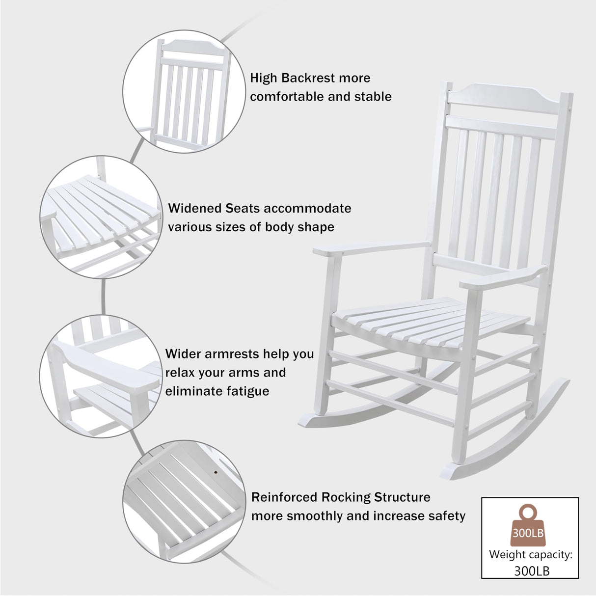 LOKATSE HOME Outdoor Wooden Rocking Chair with 300lbs Support High Back Smooth for Backyard, Lawn, Garden and Deck, White LOKATSE HOME