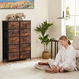 Sweetcrispy Dresser for Bedroom, Fabric Dresser with 10 Drawers, Tall Double Dresser, Chest of Drawers for Closet, Living Room, Sturdy Steel Frame, Wooden Top, Easy Pull Handle, Rustic Brown Sweetcrispy