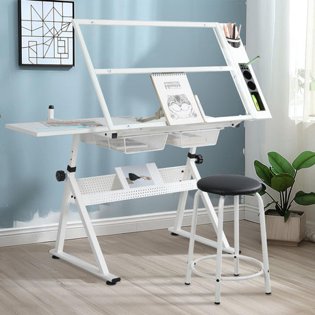 Miscoos Adjustable White Tempered Glass Drafting Table with Chair, 39.76" x 23.60" | Steel Frame, Anti-Slip Feet, Storage & Pen Holder Miscoos